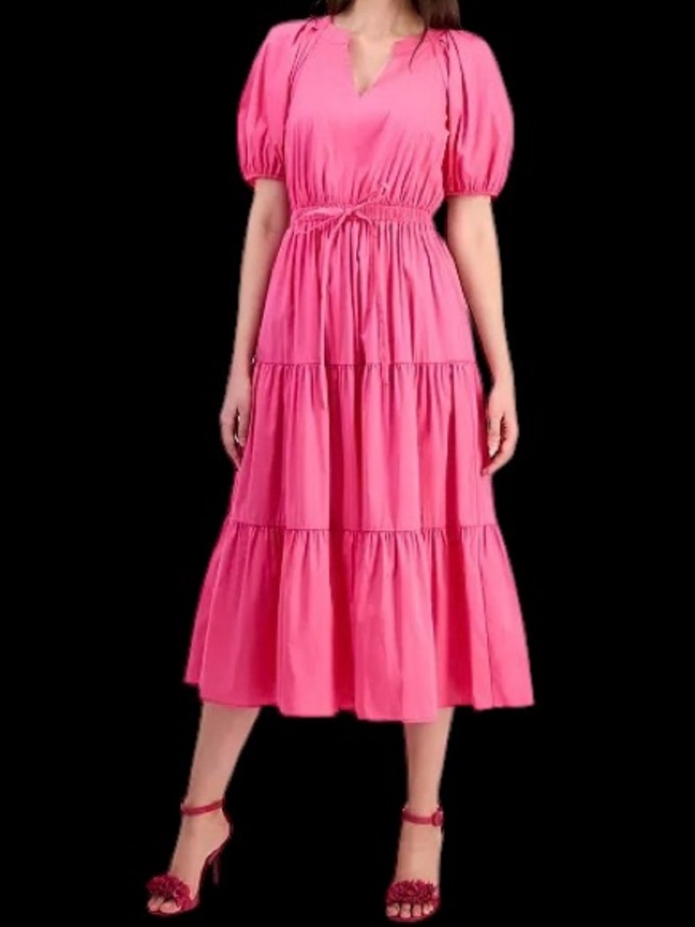 Anne Klein Pink Tiered Tie-Waist Puffed-Sleeve Midi Dress NWT 2X